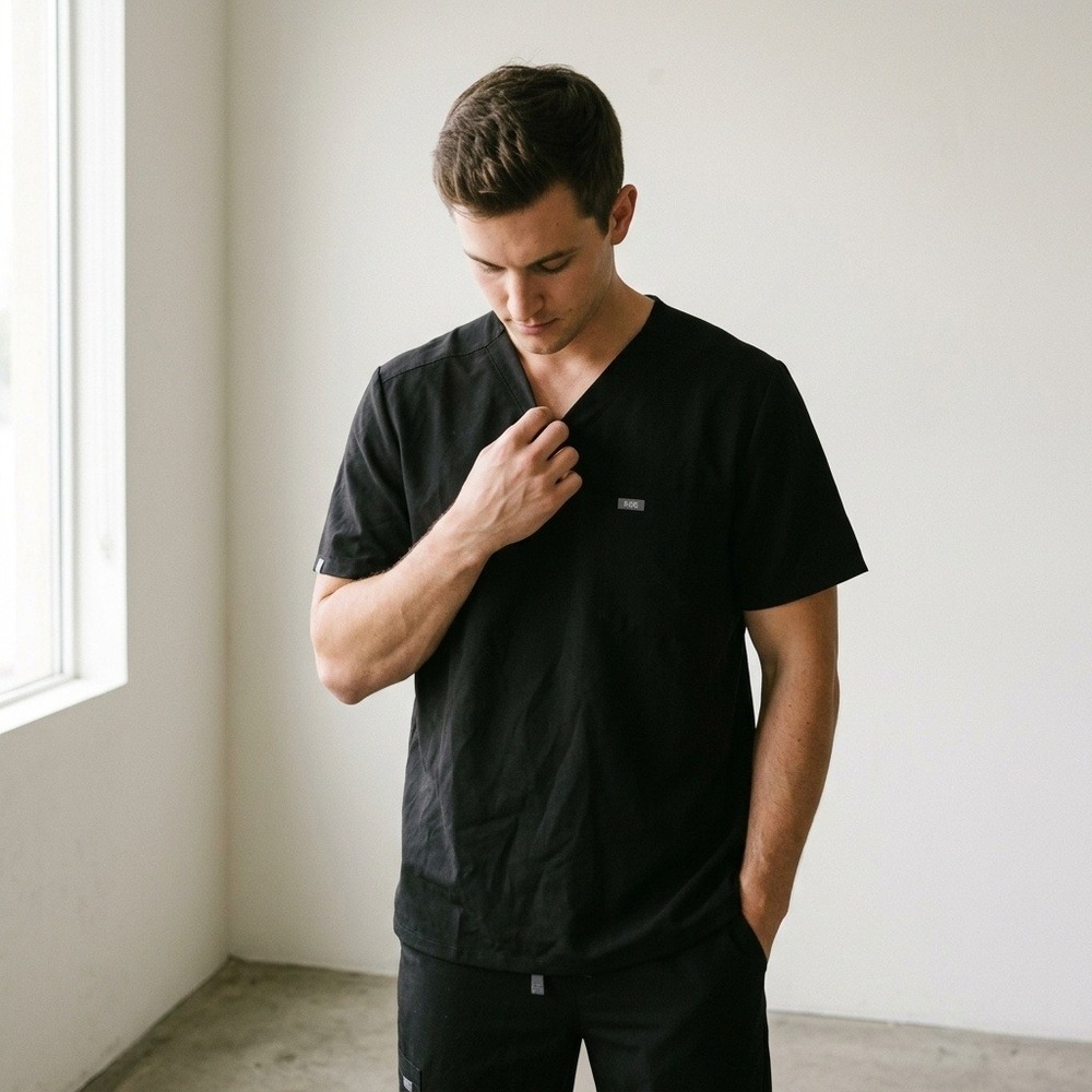 FIGS Leon Mens Scrub Top XL Black V-Neck One-Pocket Technical Collection